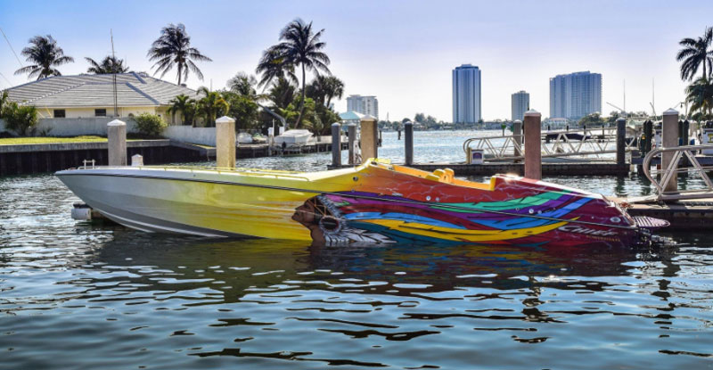 colorful custom boat in the water.